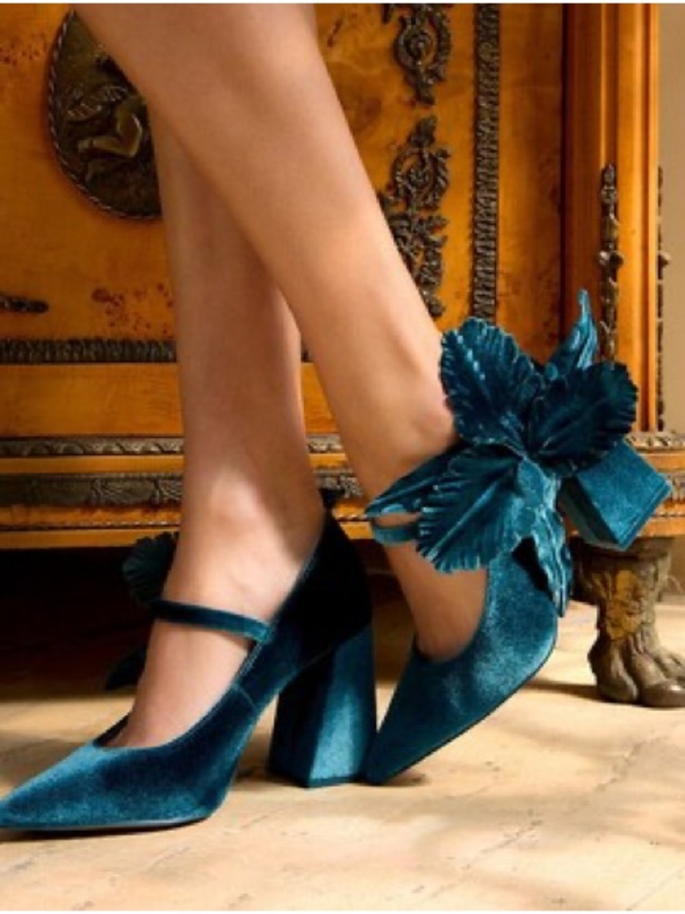 CECILIA NEW YORK Teal Velvet Mary Jane Block Heels with Oversized Bow